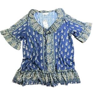 Weekend Suzanne Betro XL Navy Floral‎ V Neck Ruffle Tunic Top Cottagecore